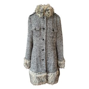 Women's Black and White Preppy Faux Fur Trim Wool Coat Glam Classic